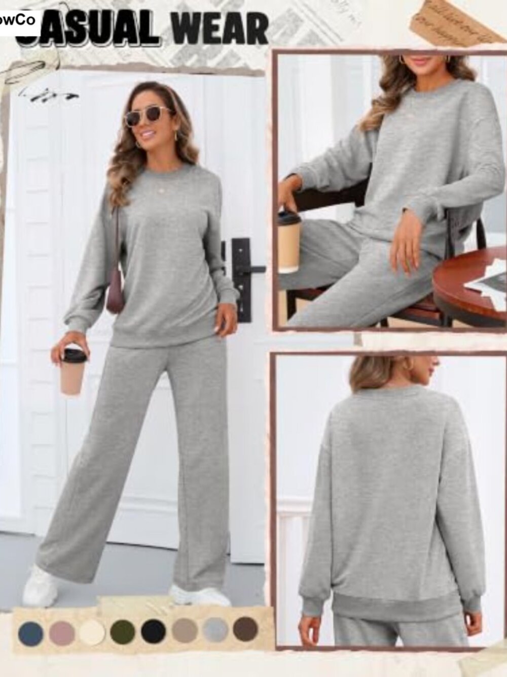 Women's 2 Piece Sweatsuit Set Polyester Oversized Crewneck Top Wide Leg Pants - Picture 3 of 6